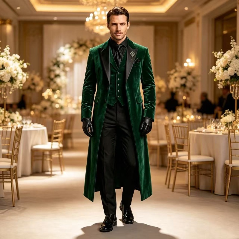 Men Grooming Outfit - ชุดสูทกำมะหยี่ทรงยาวสไตล์วินเทจสำหรับผู้ชาย ชุดทักซิโด้ 3 ชิ้นสำหรับเจ้าบ่าว พร้อมปกเสื้อแบบพิเศษ เสื้อกั๊กและกางเกงสำหรับงานพรอมและงานเลี้ยงตอนเย็น