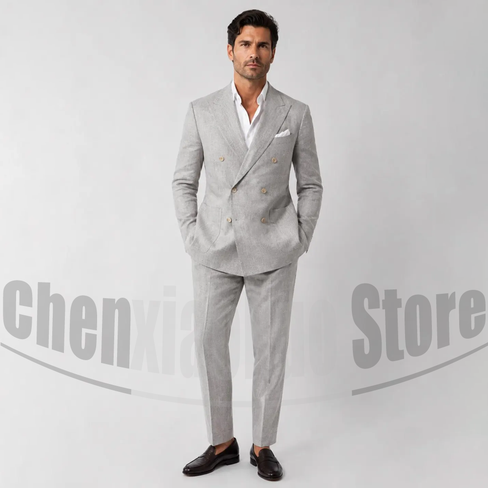 Men Grooming Outfit - ชุดสูทผู้ชายผ้าลินินสุดชิค 2 ชิ้น ปกแหลม กระดุมสองแถว กางเกงทรงเข้ารูป