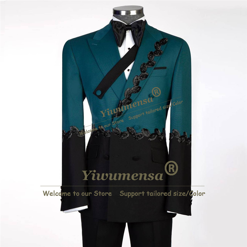 Men Grooming Outfit - ชุดสูทดีไซน์เฉพาะตัวสำหรับผู้ชาย แจ็คเก็ตและกางเกงแบบสองสีผสม ชุด 2 ชิ้น พร้อมประดับลูกปัดสีดำ