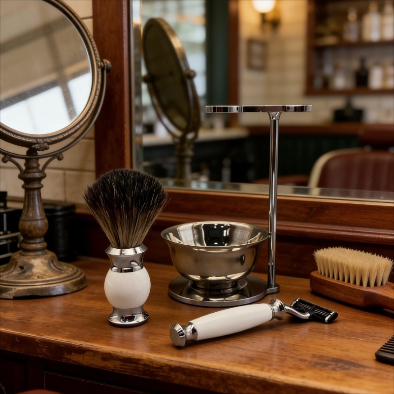 Men'S Grooming Accessories Kit - ชุดโกนหนวดแบบคลาสสิกสำหรับผู้ชาย พร้อมมีดโกนแบบแมนนวล แปรงโกนหนวด และที่วาง ชุดอุปกรณ์ที่เชื่อถือได้สำหรับการดูแลผิวหน้าประจำวัน