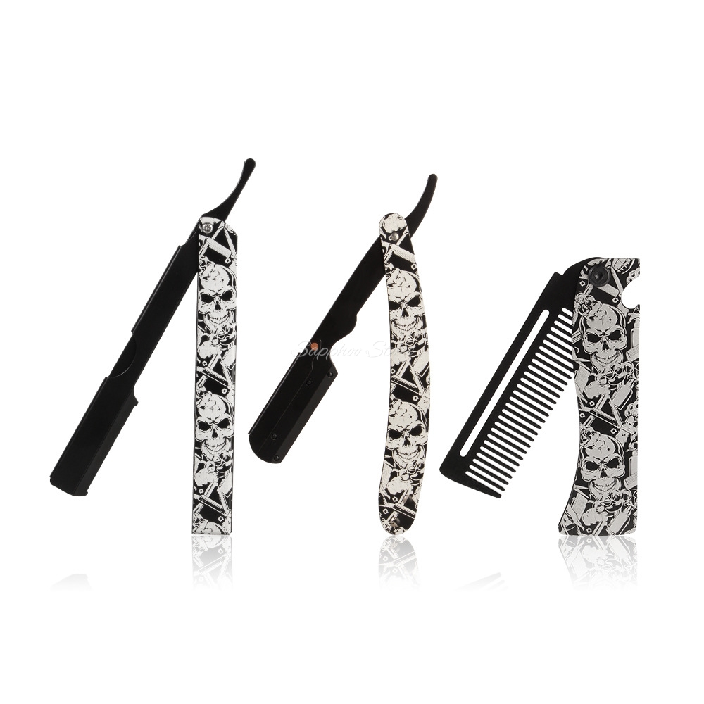 Straight Razor Safety - ชุดโกนหนวดสำหรับช่างตัดผม ปี 2026 มีดโกนพับได้ลายหัวกะโหลก พร้อมหวีพกพา ชุดอุปกรณ์โกนหนวดสำหรับผู้ชาย